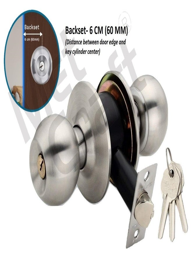 Met Craft Room Door Knob Lock - with 3 Brass Key Cylindrical Lock for Bedroom/Main Door/Tubular Door Knob/Handle (Silver Matt, 60 mm Backset) - Image 2